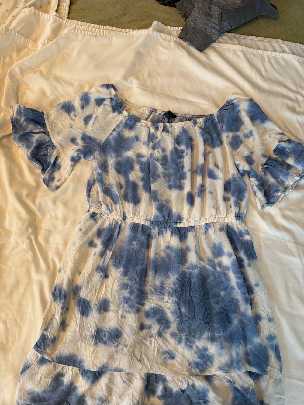 Women’s  Blue Tie-Dye Off-Shoulder Peasant dress w/ruffle Sleeve